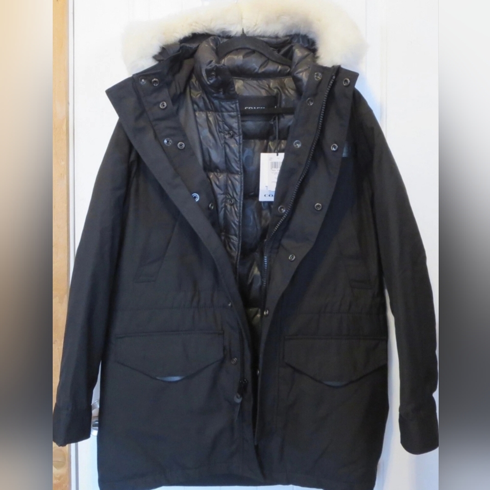 Coach Black 3 In 1 Shearling Parka Jacket Coat with Cream Faux Fur Hood